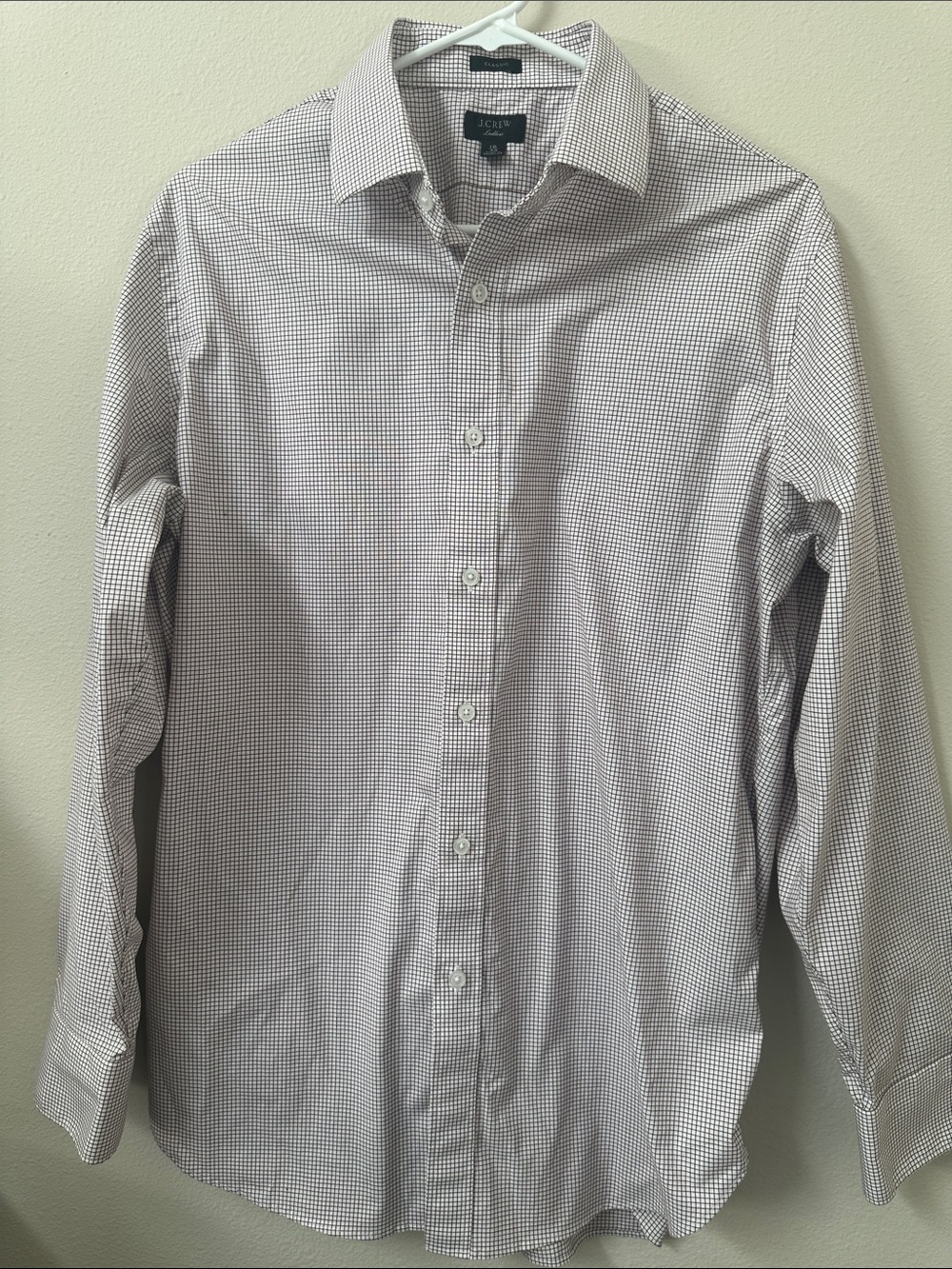 J. Crew Men’s Button-Up Dress Shirt in White and Maroon Micro-Check